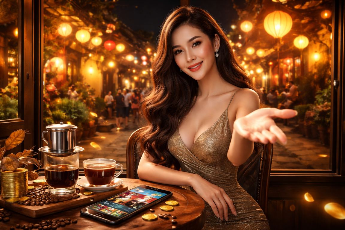 Người dùng xem kết quả cá cược tại quán cà phê Hội An với không khí thư giãn đặc trưng miền Trung Việt Nam